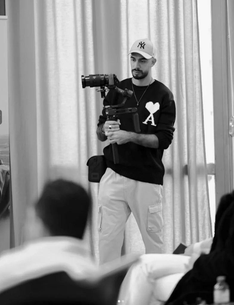 Rachid Qobi filming a wedding with a gimbal camera, Morocco destination wedding videographer and photographer