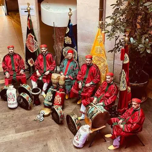 Dakka Marrakchia musicians performing at a Moroccan wedding reception