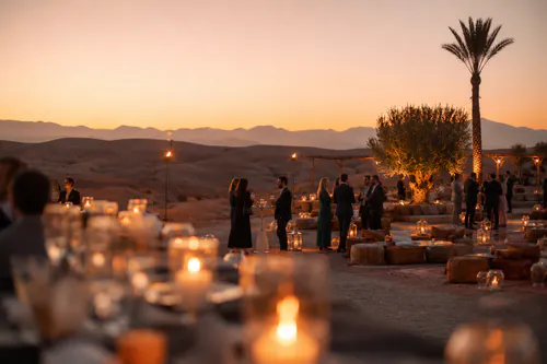 Wine served at a desert camp wedding dinner in Agafay near Marrakech